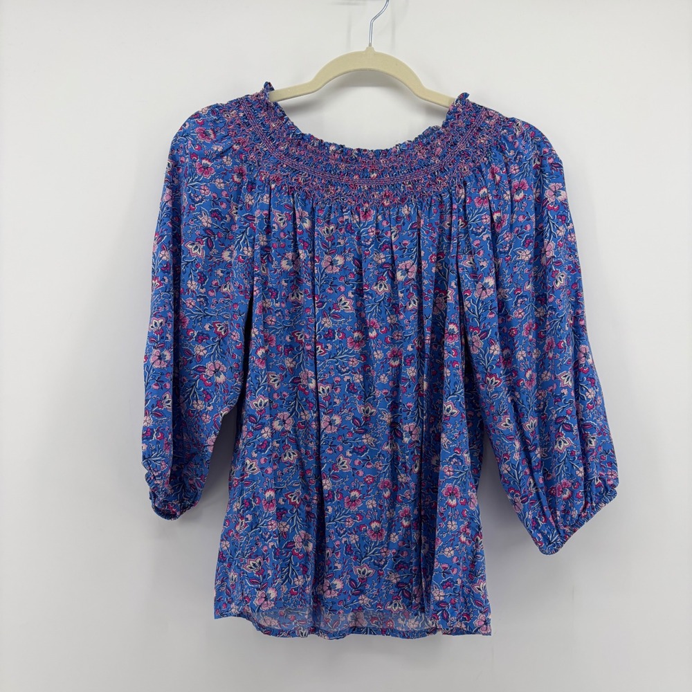 J. Jill Women Small Petite Blue Floral Smocked Peasant Blouse 3/4 Sleeve Viscose